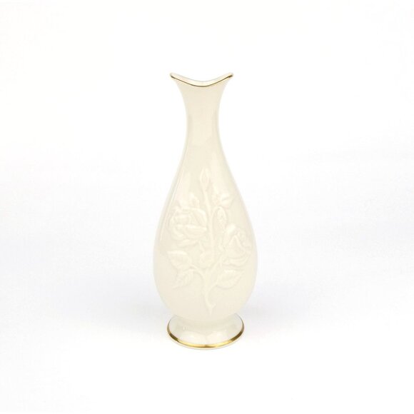 Lenox Hand Decorated 24K Gold Trim Vase W/ Embossed Rose Design Ivory Porcelain - Picture 3 of 6
